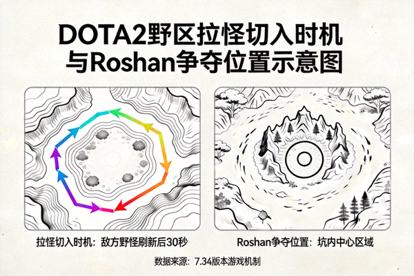 DOTA2 野区拉怪切入时机与 Roshan 争夺位置示意图